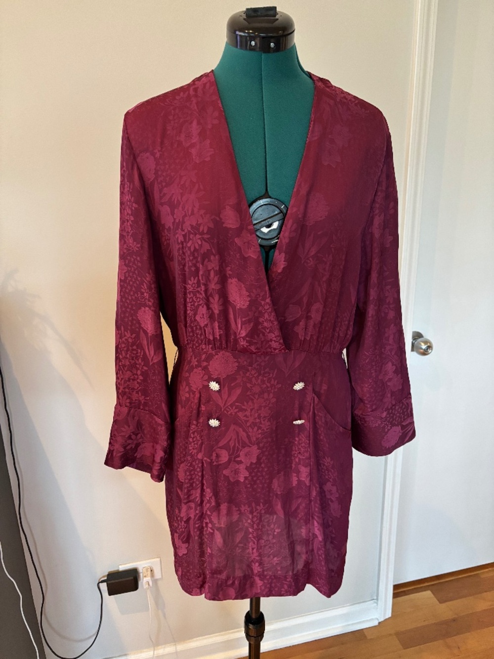 Zara floral burgundy red mini dress with jewel buttons, S